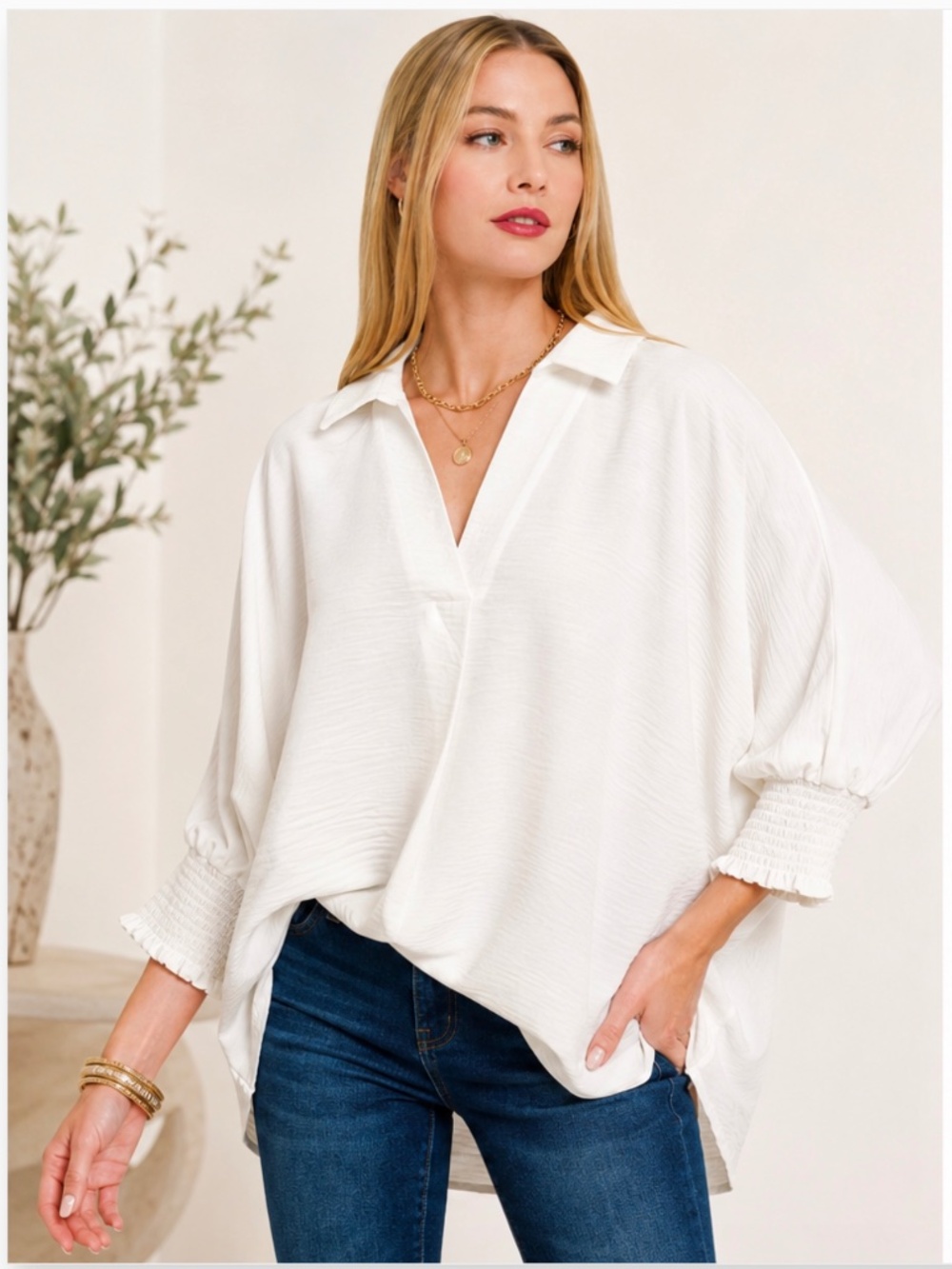 ZENANA 🌤️ WHITE SMOCK SLEEVE COLLAR VNECK WOVEN TOP